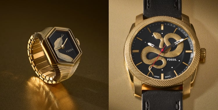 Lunar New Year watch ring and watch with snake motifs on the dial. Snake graphics in gold.