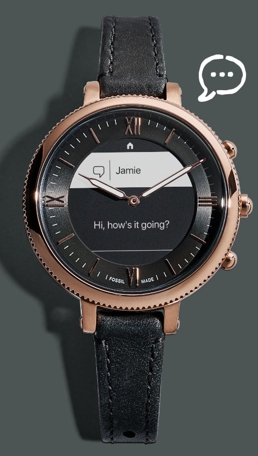 A Hybrid HR Smartwatch with alternating faces showing various functions.