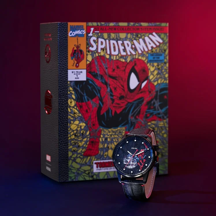 Comic book-style packaging, featuring archival Marvel cover art of a Spider-Man issue. The Fossil Spider-Man watch and lapel pin are housed inside.