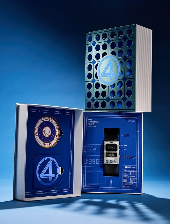 Image of Fossil x Fantastic Four watch in a box on a blue background.