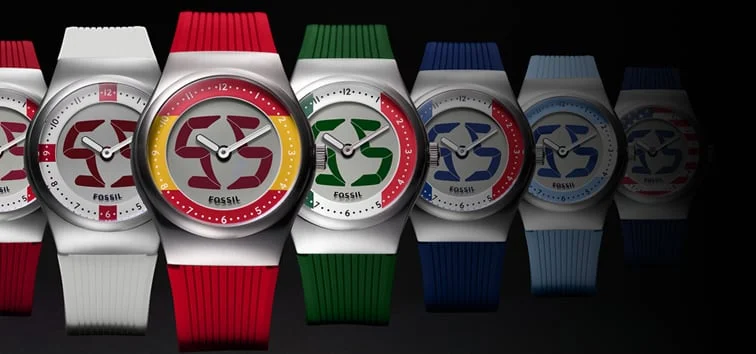 The Fossil Limited-Edition World Flags Big Tic watch collection, featuring a sporty analog-digital design in bold, global colorways.