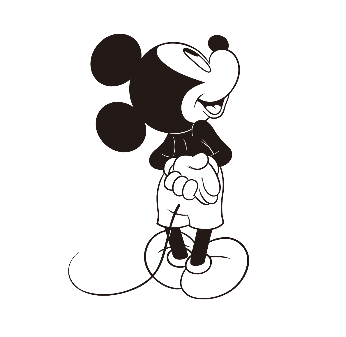 An animated GIF of Mickey Mouse, looking up while facing away, then turning around and playfully dancing.