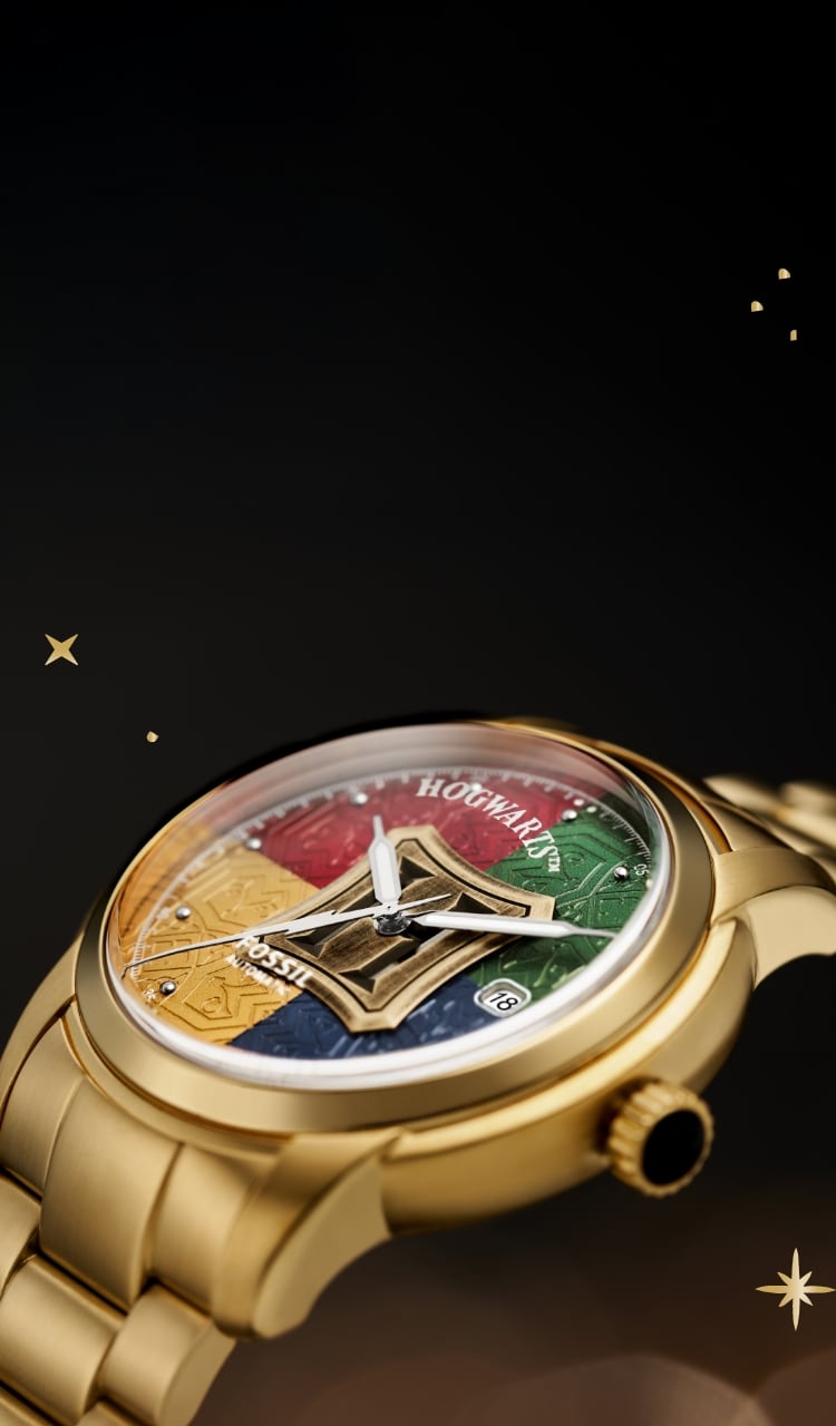 Harry Potter x Fossil logo and video of gold-tone Harry Potter ™Automatic Watch.