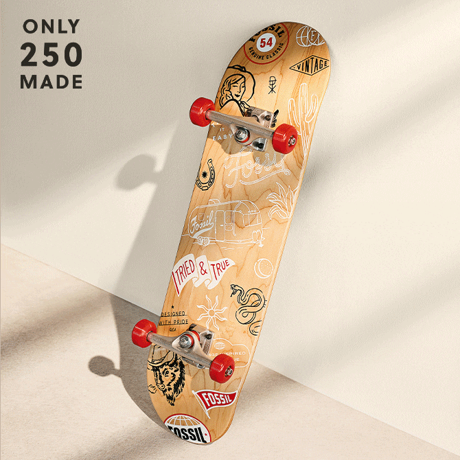 Only 250 made. A Gif of the back and front of the Madrid x Fossil skateboard with exclusive Fossil graphics.