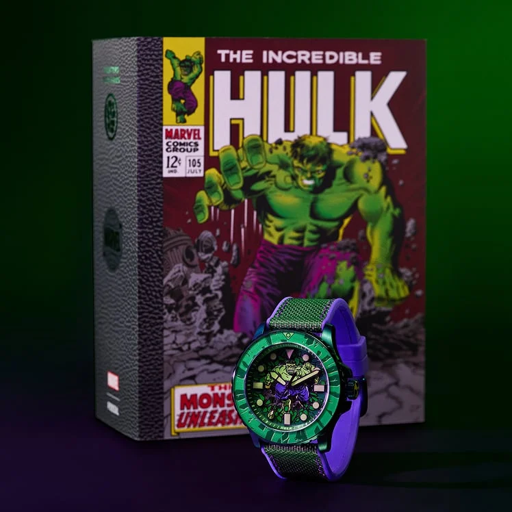 Comic book-style packaging, featuring archival Marvel cover art of a Hulk issue. The Fossil Hulk watch and lapel pin are housed inside.