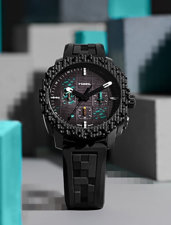 Image of Fossil x Minecraft watch in a gray Minecraft-style world.