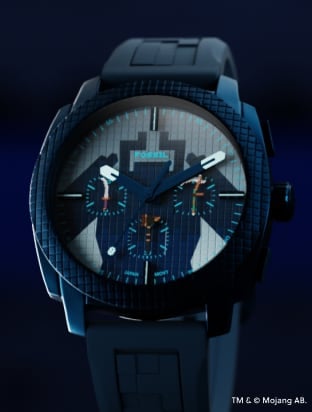 Image of Fossil x Minecraft watch in a gray Minecraft-style world.