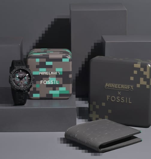 Les blocs gris foncé présentent une montre robuste pour homme en silicone noir, un portefeuille en cuir gris foncé au marquage pixellisé et des étuis en métal assortis conçus pour ressembler aux blocs Minecraft.