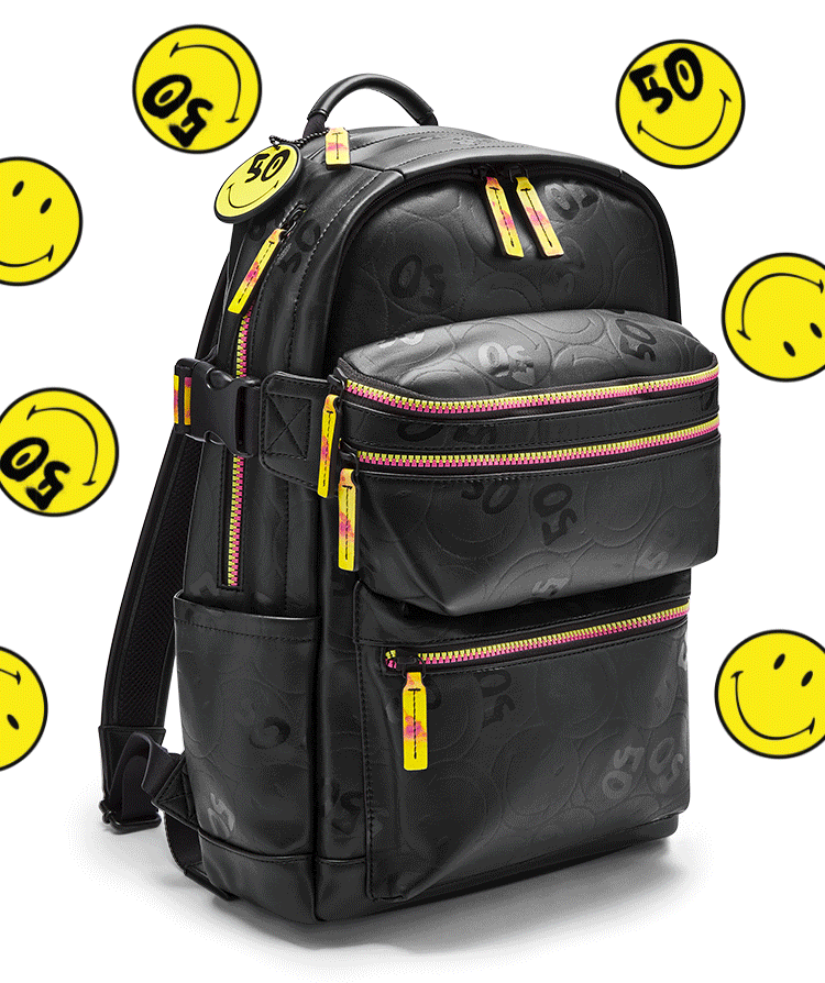 Background image of Smiley's logo with a GIF of the black Fossil x Smiley backpack and detachable belt bag.