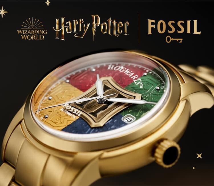 The Harry Potter x Fossil watch on a dark background with gold star graphics.