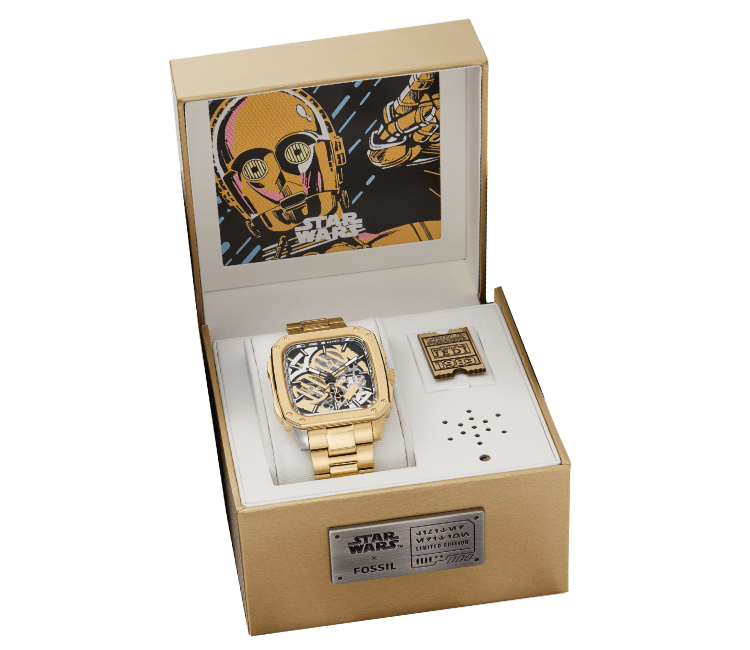 La montre d’inspiration C-3PO dans son boîtier collector.
