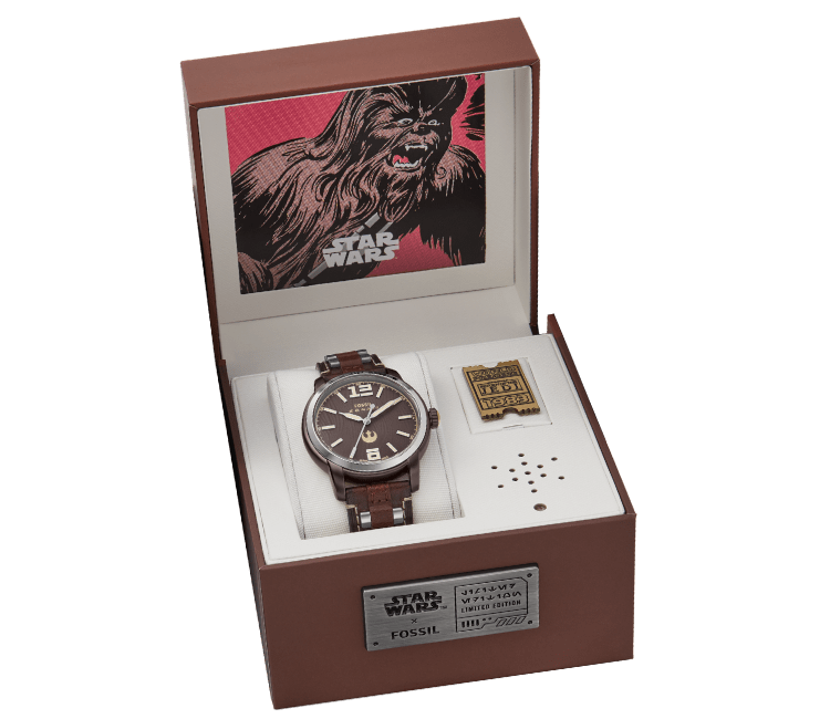 The Chewbacca-inspired watch displayed in its box.