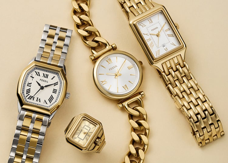 Four women's watches shown to left right: Harlow, Watch Ring, Carlie and Raquel.