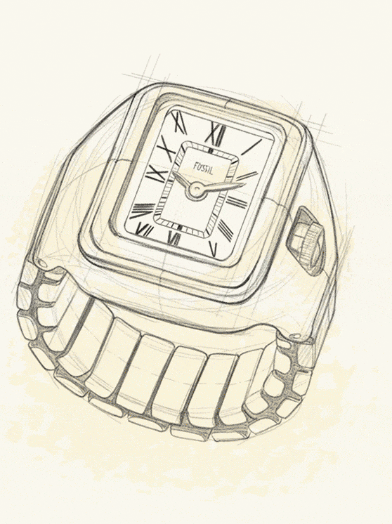 A closeup view of the elegant Fossil Raquel dial, paired with design sketches and photos of NYC architecture.