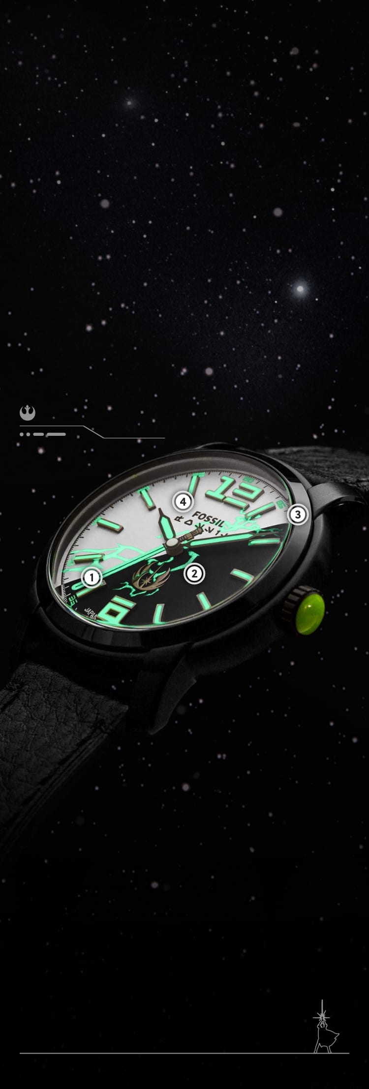 Eine Nahaufnahme einer schwarzen Uhr mit schwarz-weißem Zifferblatt, lumineszierenden Ziffern und Zeigern und Machtblitzen.