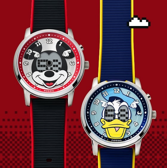 The Mickey Mouse and Donald Duck limited-edition watches, showcasing colourways in the classic style of each character – red and black for Mickey and blue and yellow for Donald.