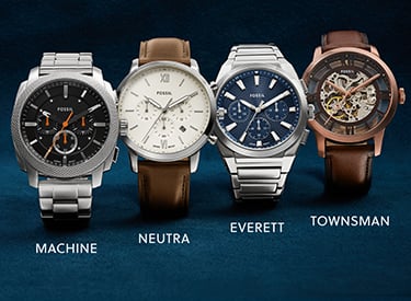 Four men's watches in black and silver-tone finishes.