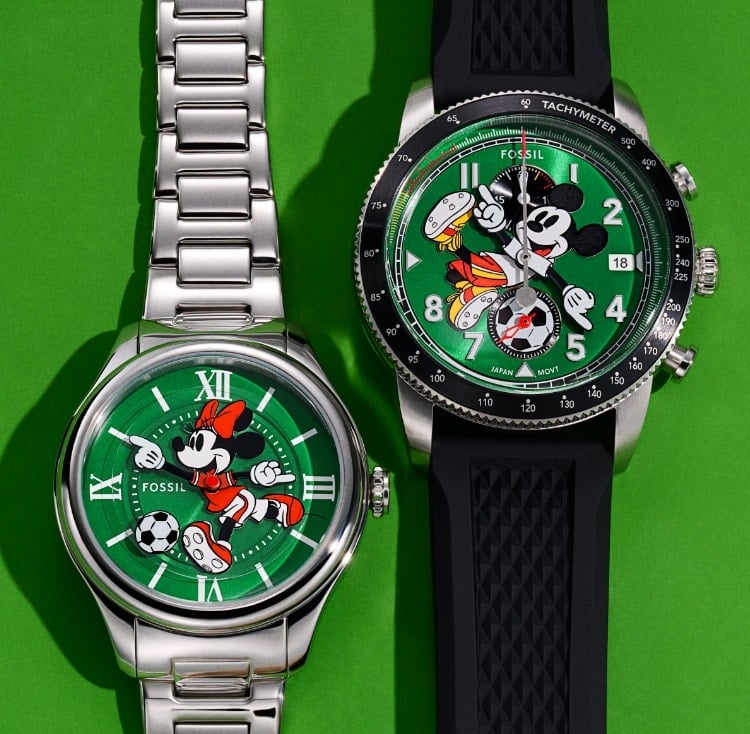 Two limited-edition watches shown side by side, featuring Disney's Mickey Mouse and Minnie Mouse playing football.