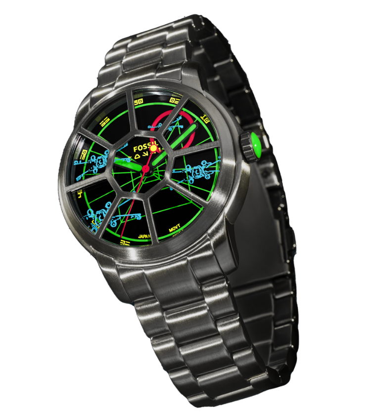 A TIE fighter-inspired watch floating in a starfield