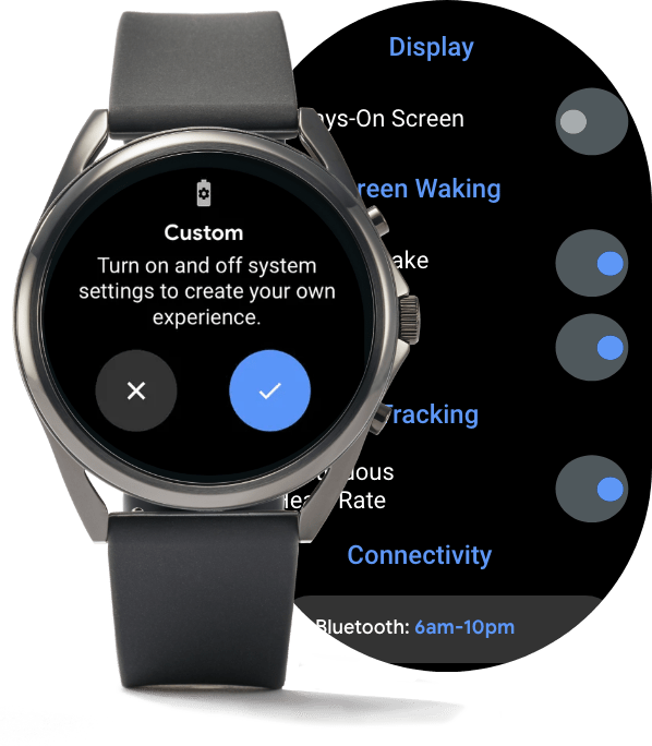 A Gen 5 LTE Smartwatch displaying different battery modes.