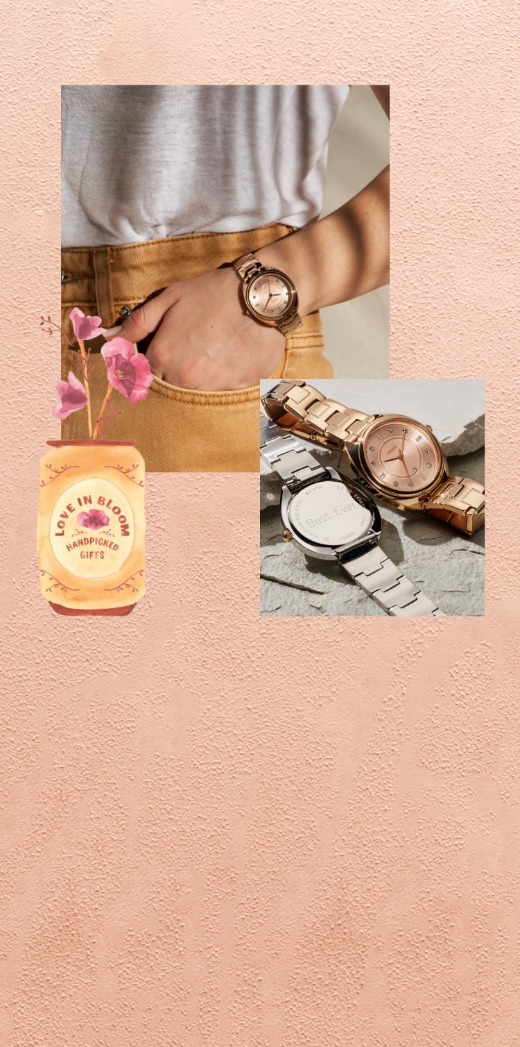 Orologi in acciaio color oro rosa e una donna che indossa un orologio color oro rosa.