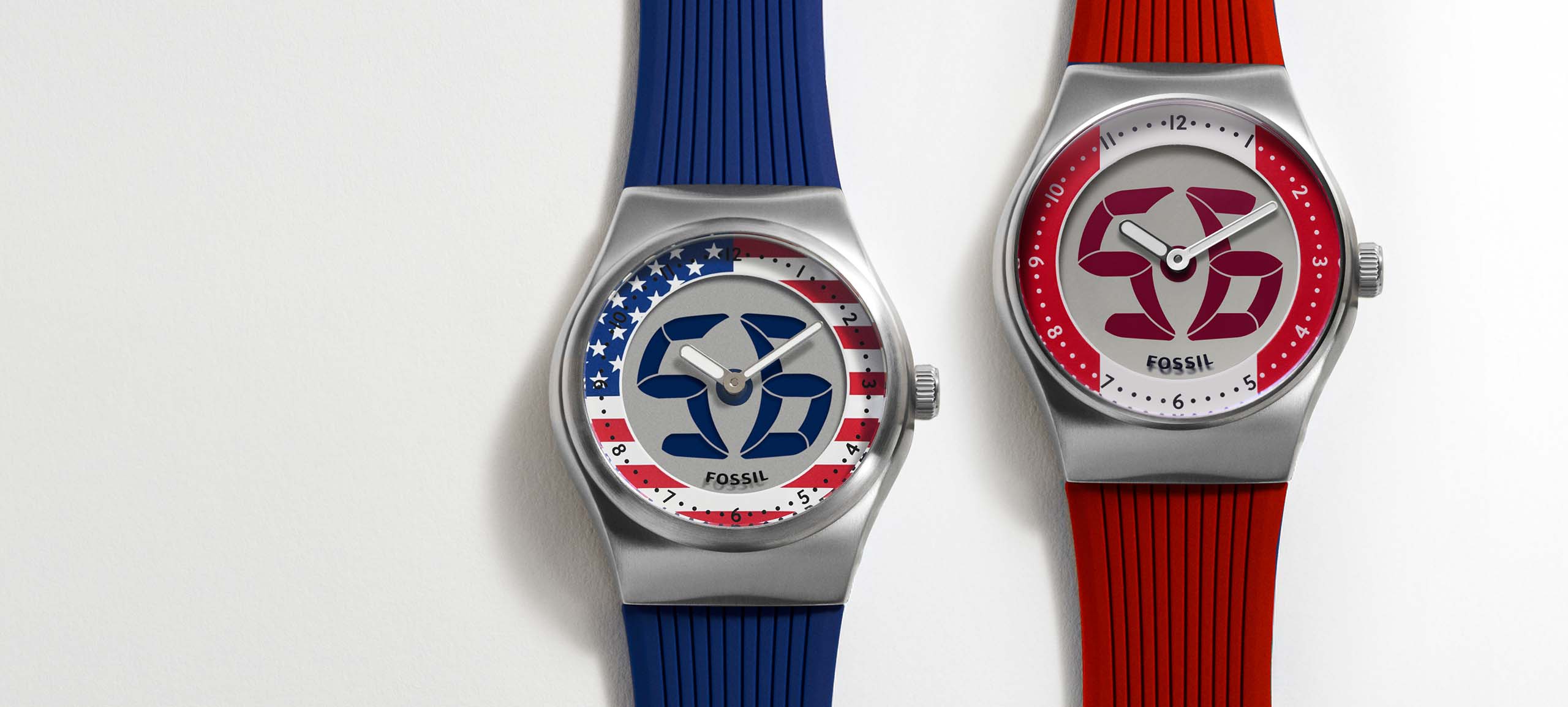 Two World Flags Big Tic Fossil watches sit side-by-side