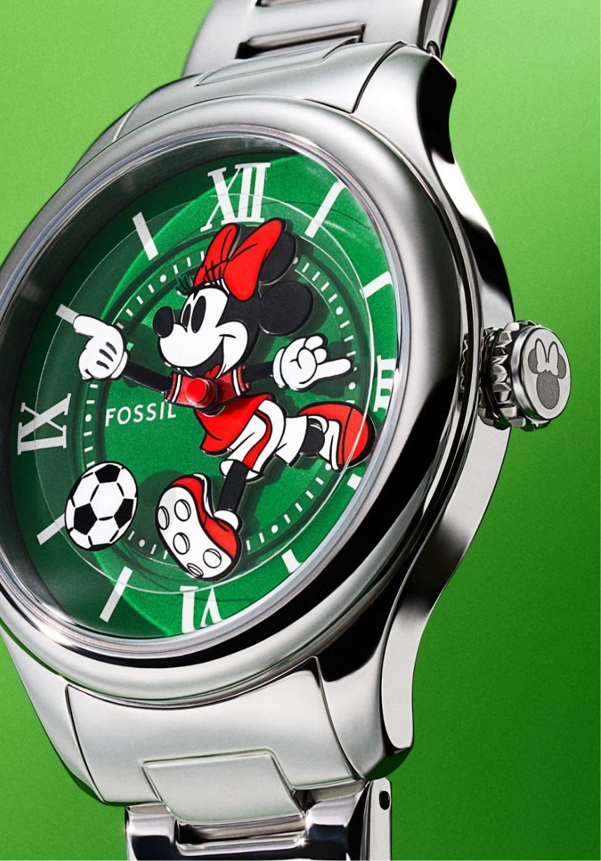 Two limited-edition watches shown side by side, featuring Disney's Mickey Mouse and Minnie Mouse playing football.