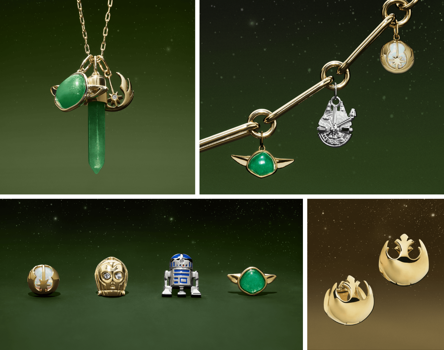 A grid of images of the jewellery: a charm necklace, a charm bracelet, stud earrings and huggie earrings – all featuring characters and icons from the films.