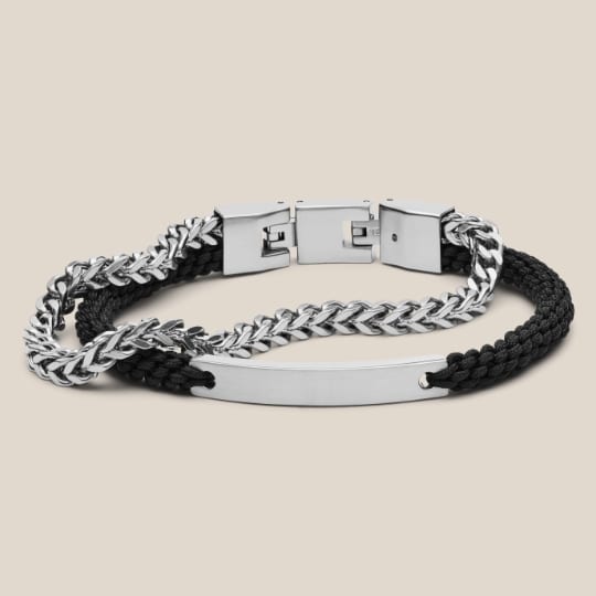 Men's silver-tone and leather bracelet. 