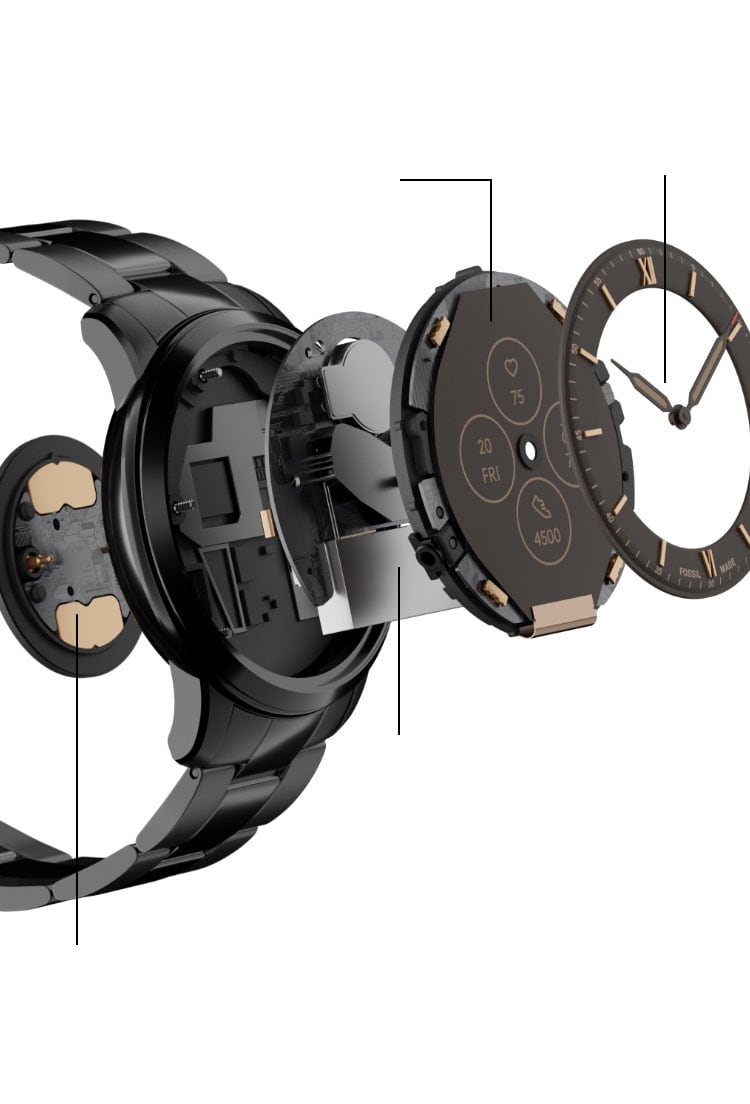 Une montre intelligente hybride HR avec divers composants exposés.