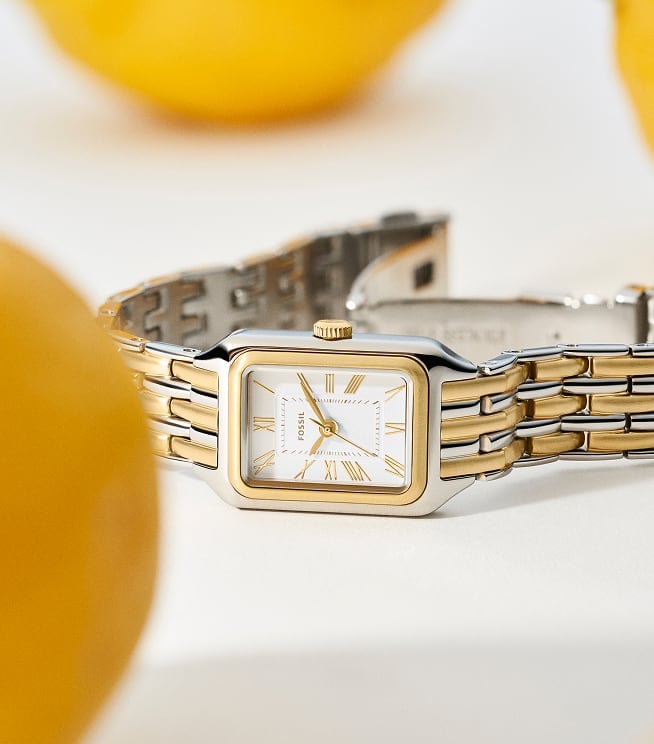 The Fossil Raquel Mini watch shown in a two-tone finish.