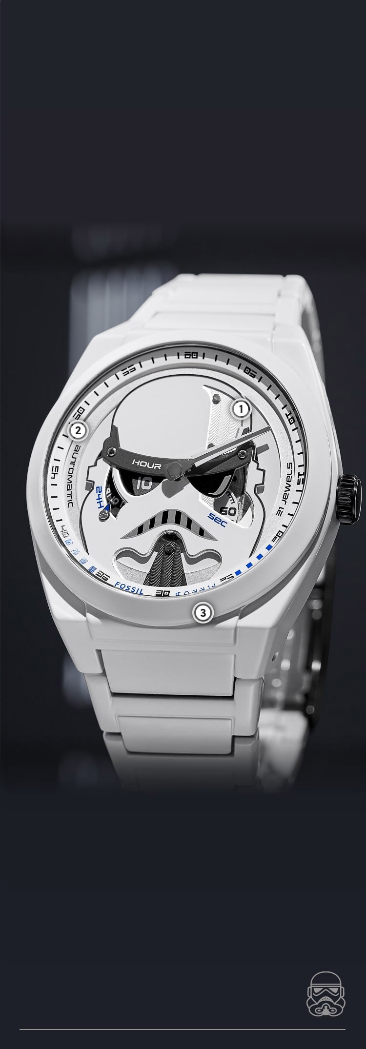 A close up of a white resin-coated watch with a dimensional stormtrooper helmet on a white dial.
