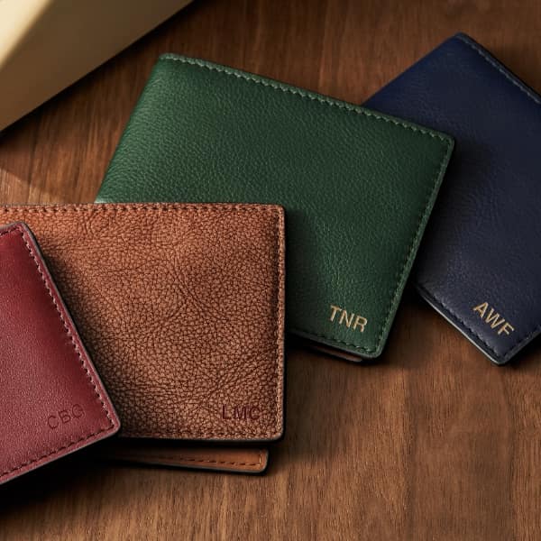 Four embossed leather wallets.