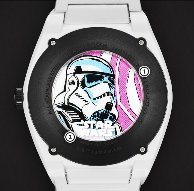 The back of a watch, featuring a comic book-style illustration of a stormtrooper