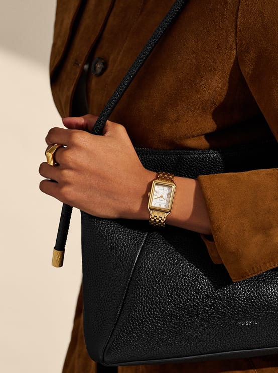 An artful collage of lifestyle images that show the styling possibilities of the Fossil Raquel watch, including jewellery and handbags to wear and pair.
