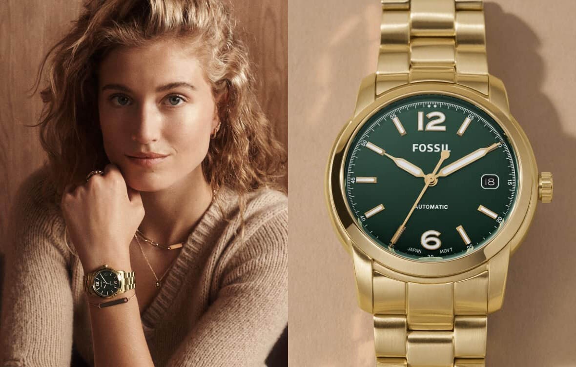 Woman wearing a gold-tone Fossil Heritage watch.