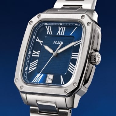 A men's watch in a silver-tone finish with a square case and a blue dial.