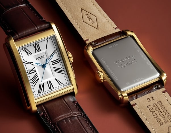 The front of the Carraway watch and the back, engraved with You’re A Classic.