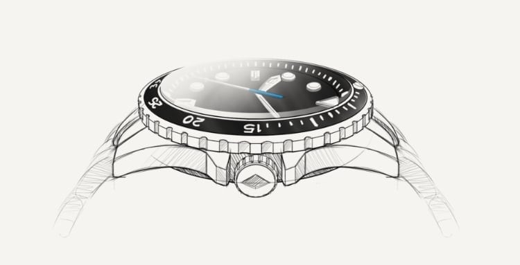 Sketches of Fossil Blue GMT with two vintage ads featuring Fossil Blue watches from the 1990s alongside original ad from the '90s in script font.