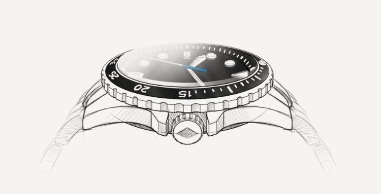Sketches of Fossil Blue GMT with two vintage ads featuring Fossil Blue watches from the 1990s alongside original ad from the ’90s in script font.
