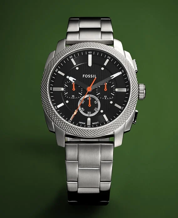 The rugged Fossil Machine watch shown with a black dial and silver-tone finish.