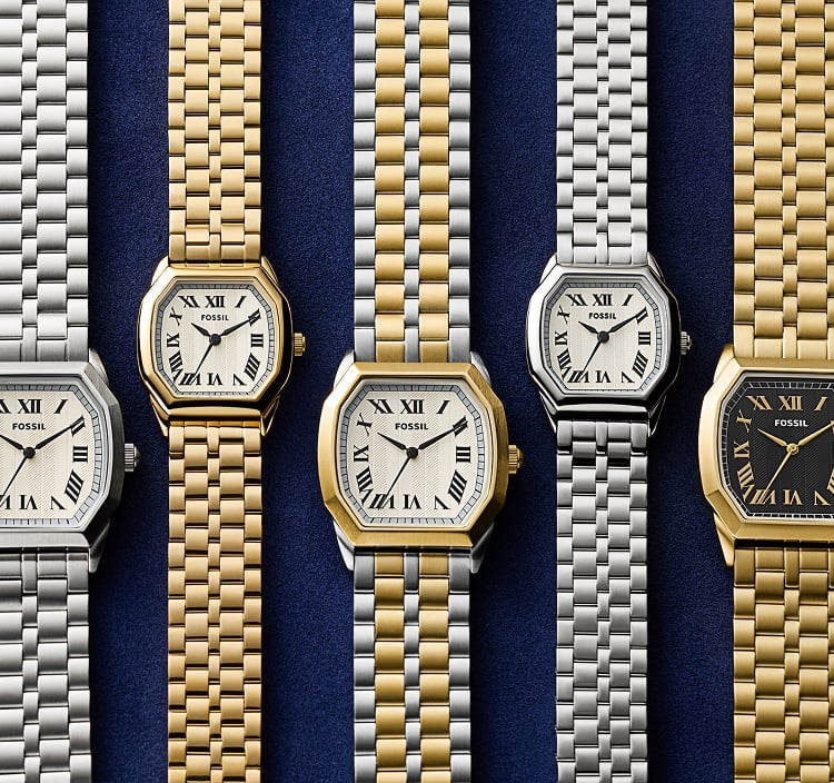 The Fossil Harlow watch collection, shown in a range of finishes.