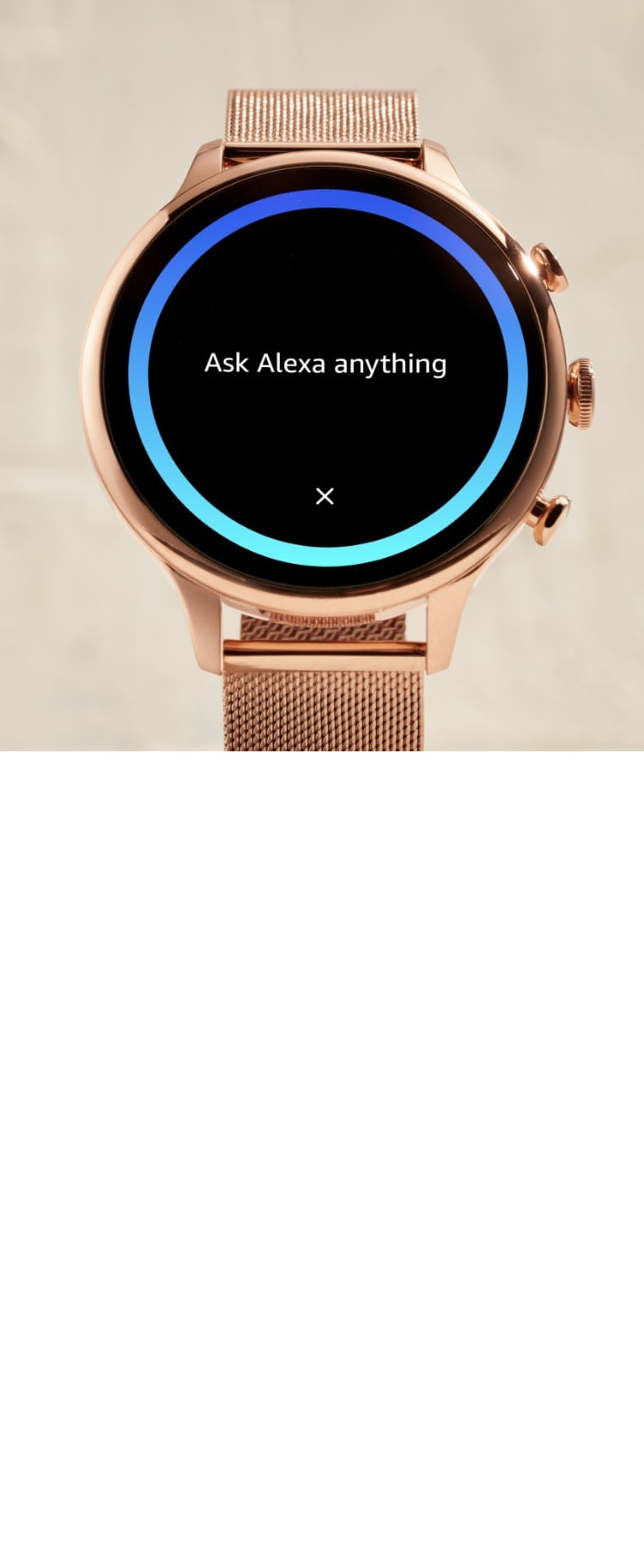 A rose gold-tone stainless steel Gen 6 smartwatch with Alexa app on the dial.
