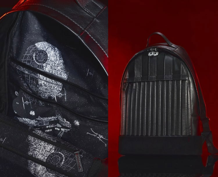 Bilder der Innen- und Außenseite des Rucksacks Darth Vader nebeneinander