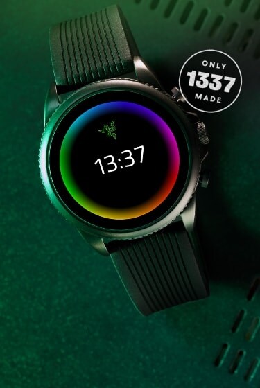 A black Razer x Fossil Gen 6 smartwatch next to a closeup of the Razer x Fossil Gen 6 smartwatch dial.