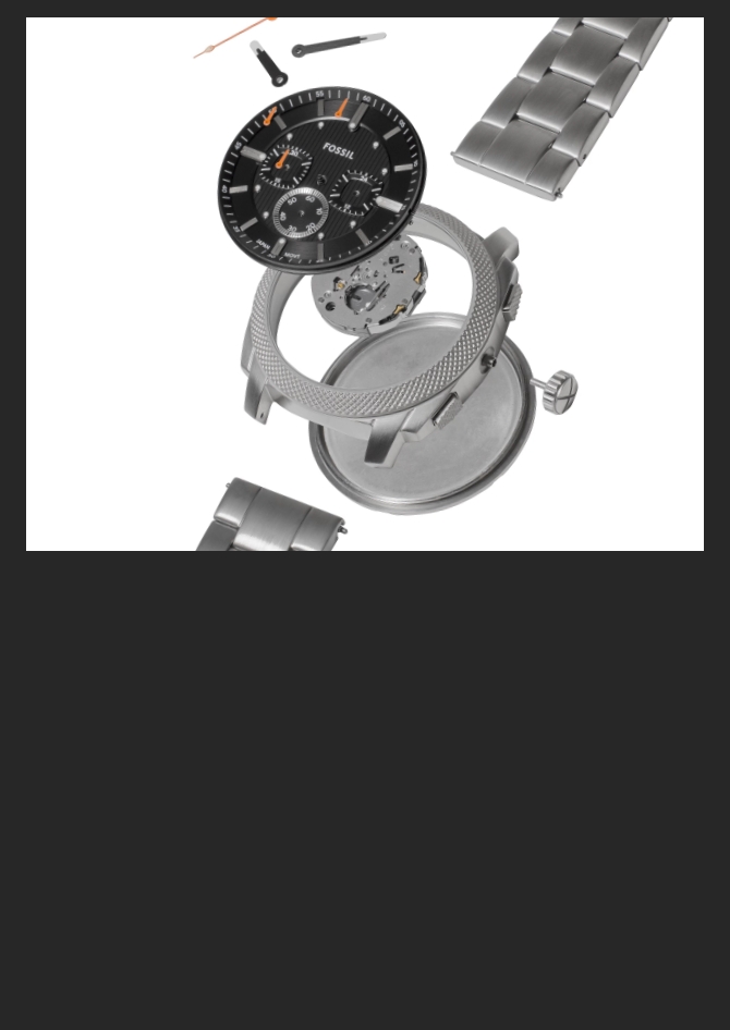 A stylised view of a deconstructed Fossil watch, showing all of the key components.