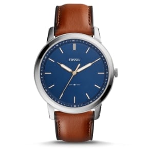 Brown leather watch with blue dial.