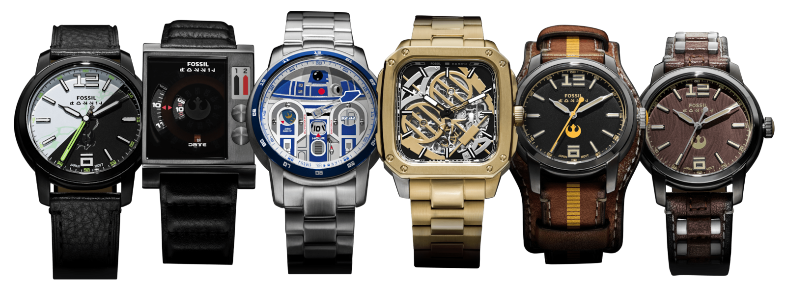 Watches inspired by Luke Skywalker, Leia Organa, Han Solo, Chewbacca, C-3PO and R2-D2 arranged in a line.