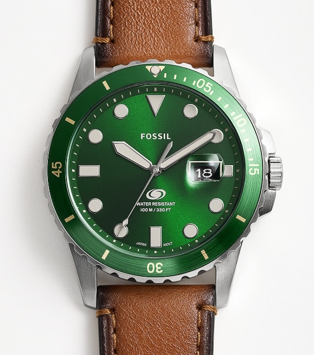 Brown leather Fossil Blue watch with a green dial.