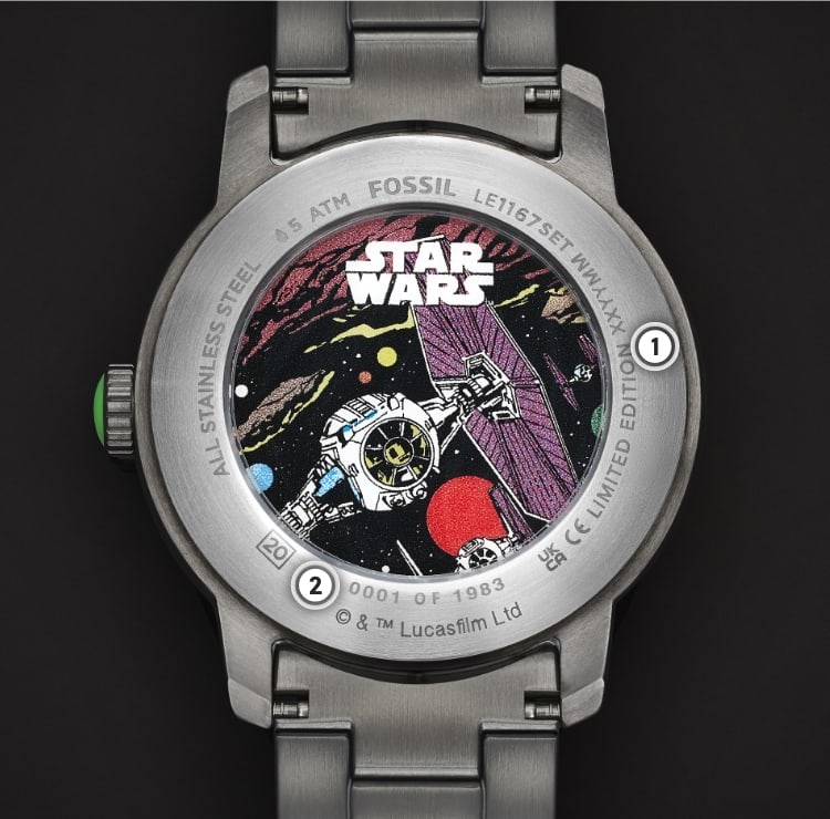 The back of a watch, featuring a comic book-style illustration of a TIE fighter